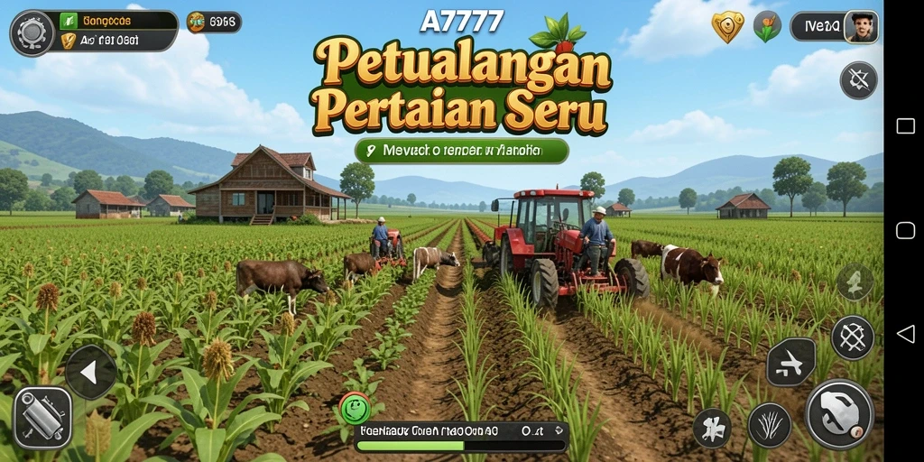 Tampilan gameplay A7777 dengan aktivitas merawat ladang dan hewan ternak.