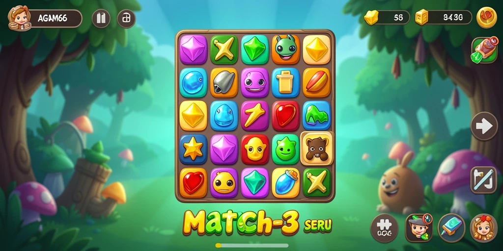Screenshot AGAM66 menampilkan gameplay Match-3 yang seru dan dinamis.