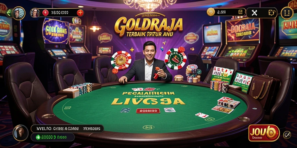 Screenshot gameplay <strong>GOLDRAJA</strong> menampilkan dealer cantik dan meja permainan yang mendebarkan.