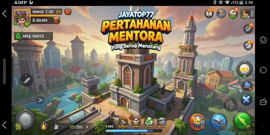 Screenshot menunjukkan serangan musuh dan menara pertahanan bekerja.