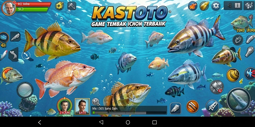 Tampilan gameplay KASTOTO dengan aksi menembak ikan yang seru.