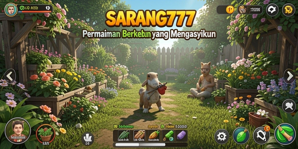 Screenshot gameplay SARANG777 menampilkan kebun yang penuh warna dan hewan ternak.