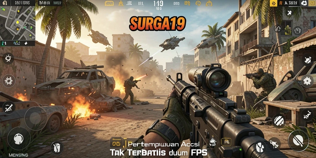 Tangkapan layar SURGA19 menampilkan aksi pertempuran FPS yang mendebarkan.